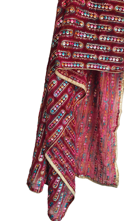 Handcrafted Mirror Work Embroidered Dupatta, Red, Cotton, Traditional Tribal Design, Ethnic Style