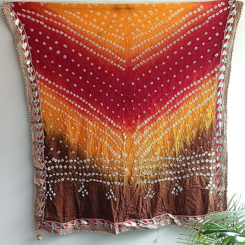 Women's Embellished Pink,Brown And Yellow colour Dupatta: A Touch of Silk & Shimmer Bandhani Work Size 190X98X3