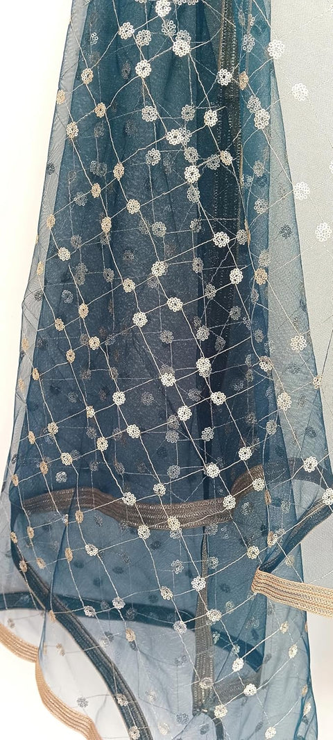 Traditional Embroidered Net Dupatta with Golden Border, Red Sequined Scarf, Diamond Pattern Dupatta, Chunni