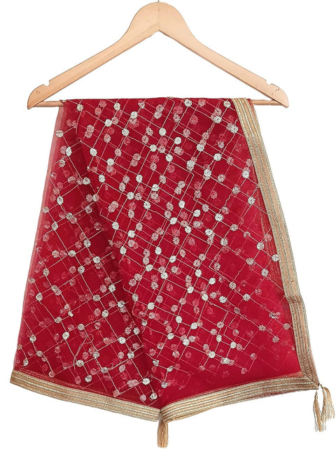 Traditional Embroidered Net Dupatta with Golden Border, Red Sequined Scarf, Diamond Pattern Dupatta, Chunni