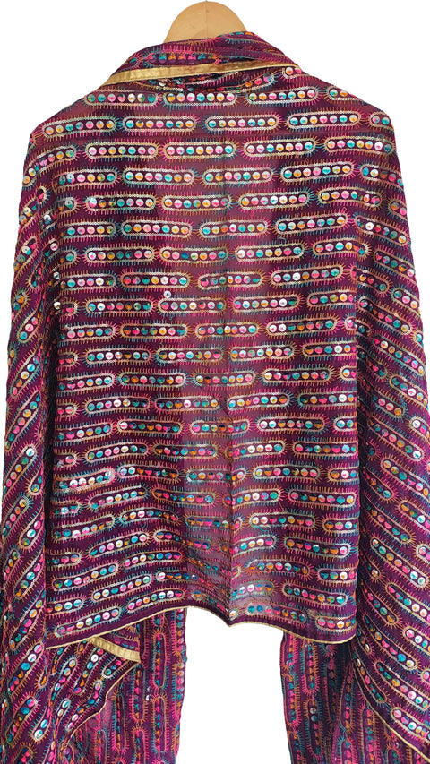Handcrafted Mirror Work Embroidered Dupatta, Red, Cotton, Traditional Tribal Design, Ethnic Style