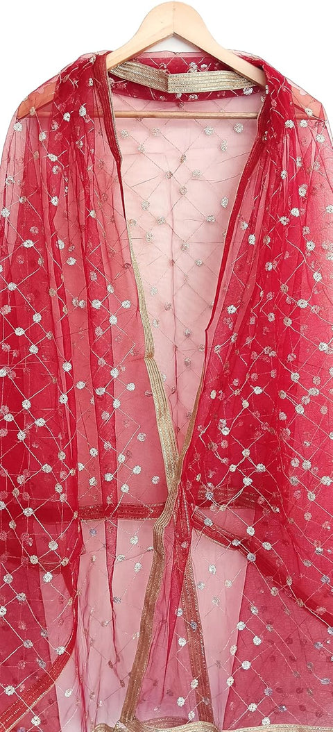 Traditional Embroidered Net Dupatta with Golden Border, Red Sequined Scarf, Diamond Pattern Dupatta, Chunni