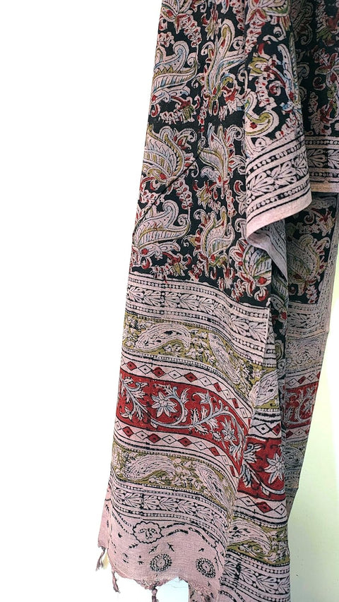Hand Block Printed Kalamkari Stole - Traditional Indian Floral Scarves (73x194 cm)