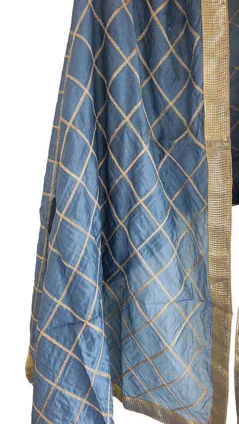Indis Scarves Silk Embroidery Dupatta with Gold Grid Pattern, Traditional Ethnic Shawl Wrap with Tassel Detail