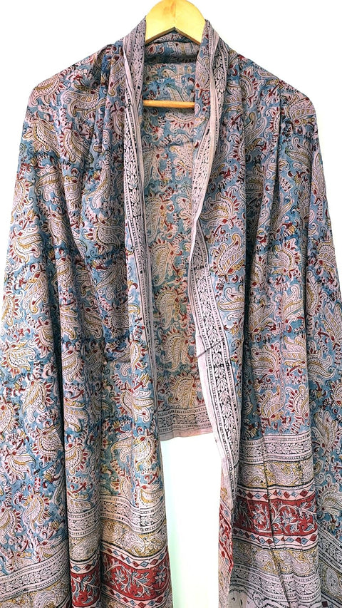 Hand Block Printed Kalamkari Stole - Traditional Indian Floral Scarves (73x194 cm) Light Blue