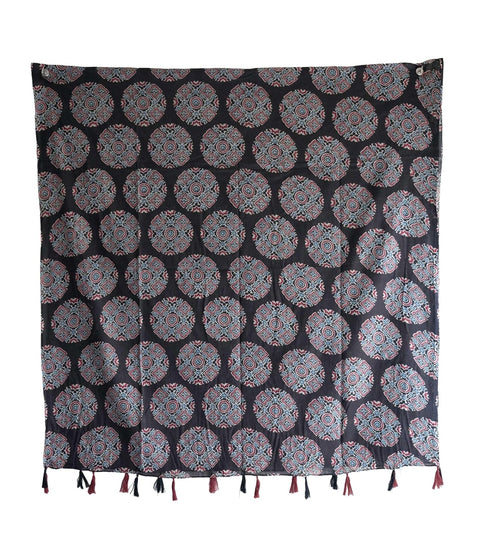 Traditional Ajrakh Print Cotton Stole, Black, Mandala Pattern with Tassels