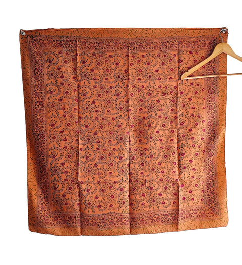 Floral Paisley Print Silk Scarf, Light Weight Square Neck Wrap, Blue and Orange Border Pattern, 100x100 cm