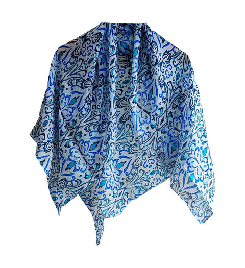 Floral Paisley Print Silk Scarf, Light Weight Square Neck Wrap, Blue and Orange Border Pattern, 100x100 cm