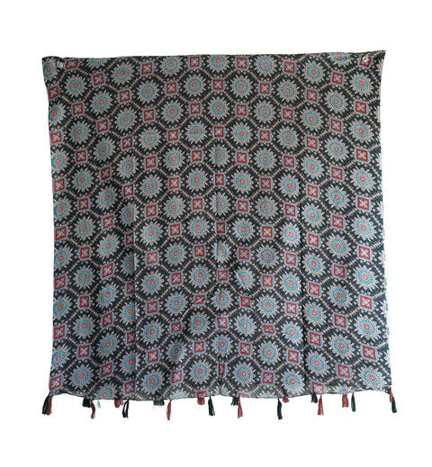Traditional Ajrakh Print Cotton Stole, Black, Mandala Pattern with Tassels