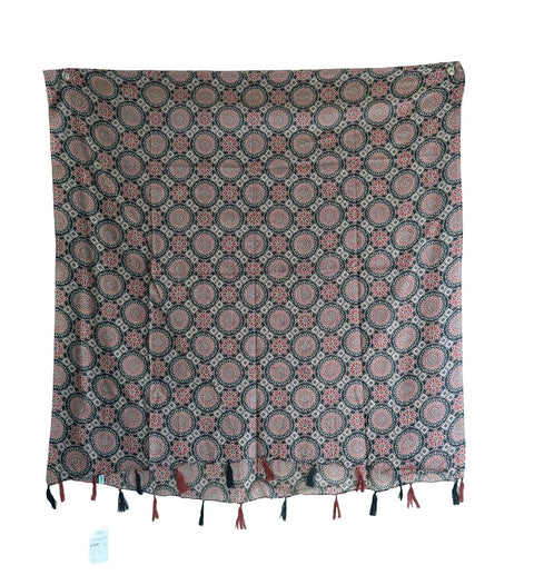 Traditional Ajrakh Print Cotton Stole, Black, Mandala Pattern with Tassels