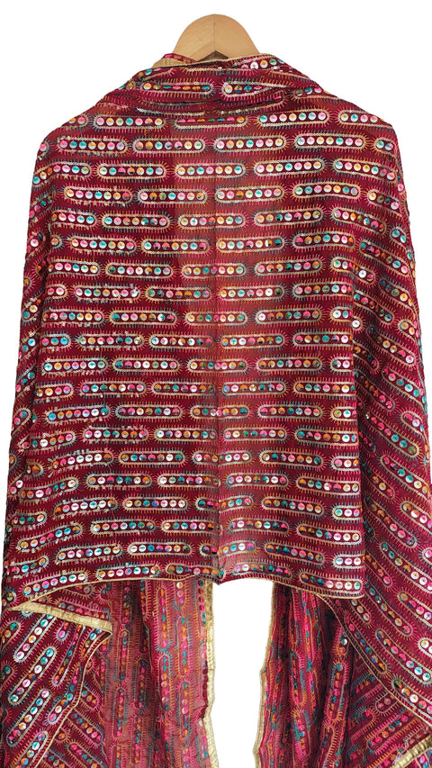 Handcrafted Mirror Work Embroidered Dupatta, Red, Cotton, Traditional Tribal Design, Ethnic Style