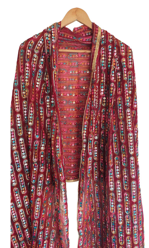 Handcrafted Mirror Work Embroidered Dupatta, Red, Cotton, Traditional Tribal Design, Ethnic Style