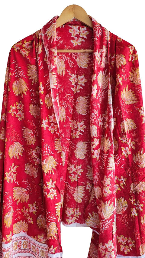 Hand Block Printed Bagru Dupatta in Pure Cotton Malmal(Red And Yellow Color)