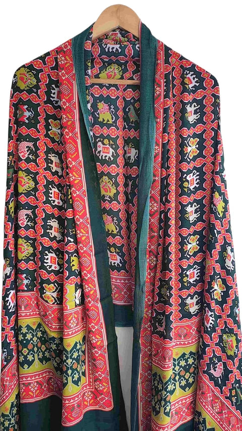 Printed Modal Silk Patola Print Dupatta, Traditional Indian Scarf with Geometric Motifs, Digital Print Design