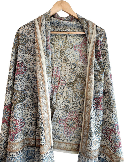 India Scarves Kalamkari Hand Block Printed Pure Cotton Dupatta (Maroon And Beige)