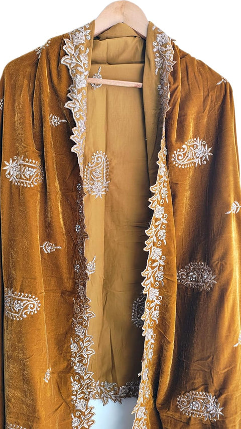 Velvet Dupatta for Women with Gold Zari Embroidery | Dupatta with Scalloped Border