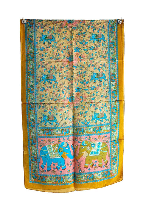 Silk Stole, Prints Multi Color, 51 cm Width x 65 cm Length, Lightweight(Yellow And Blue)