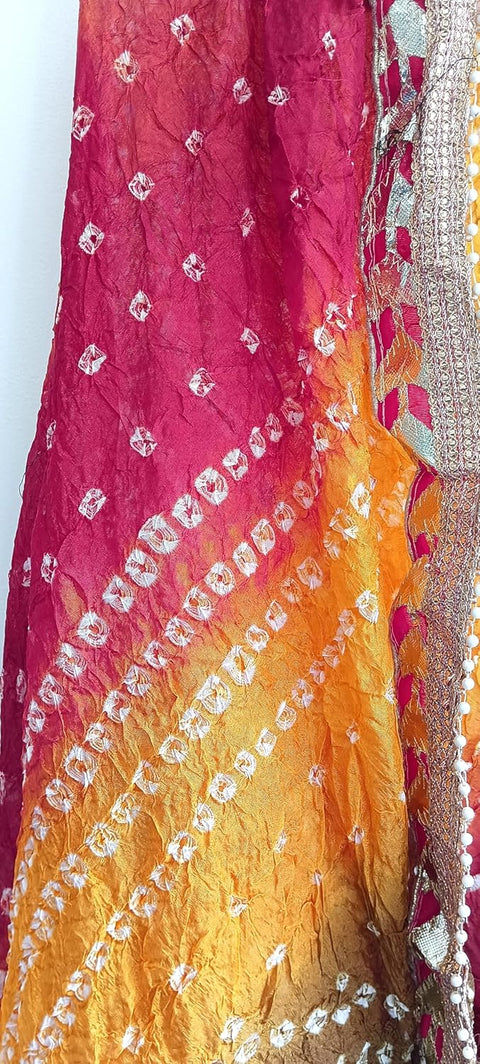 Women's Embellished Pink,Brown And Yellow colour Dupatta: A Touch of Silk & Shimmer Bandhani Work Size 190X98X3