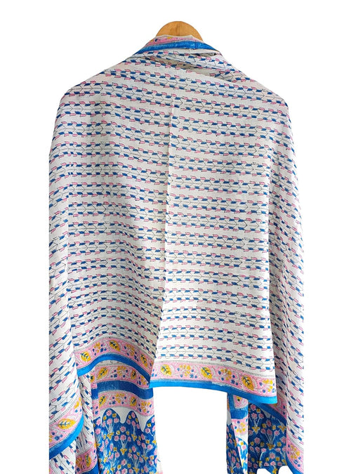 Hand Block Printed Bagru Dupatta in Pure Cotton Malmal (white and Blue Color)