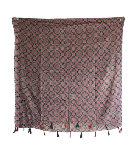 Traditional Ajrakh Print Cotton Stole, Black, Mandala Pattern with Tassels