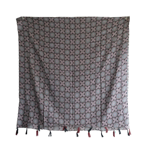 Traditional Ajrakh Print Cotton Stole, Black, Mandala Pattern with Tassels