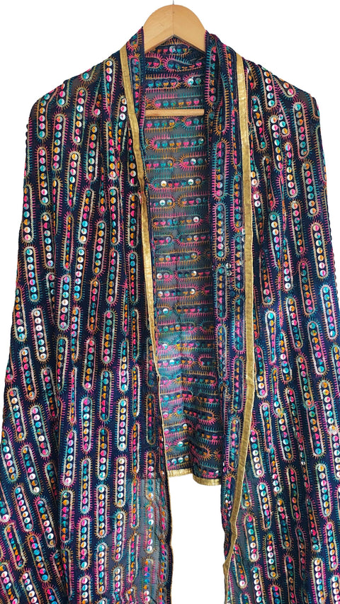 Handcrafted Mirror Work Embroidered Dupatta, Red, Cotton, Traditional Tribal Design, Ethnic Style