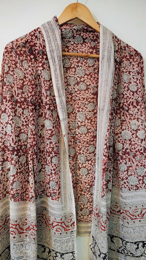 Hand Block Printed Kalamkari Stole - Traditional Indian Floral Scarves (73x194 cm)(Dark Red)
