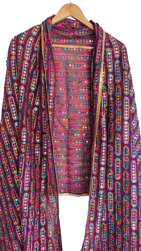 Handcrafted Mirror Work Embroidered Dupatta, Red, Cotton, Traditional Tribal Design, Ethnic Style