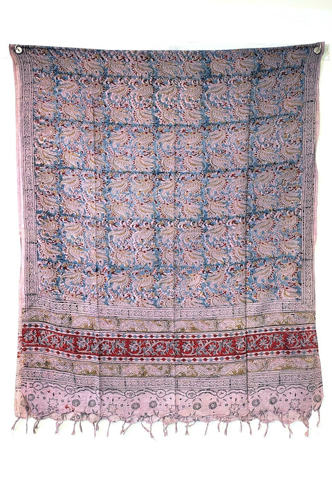 Hand Block Printed Kalamkari Stole - Traditional Indian Floral Scarves (73x194 cm) Light Blue