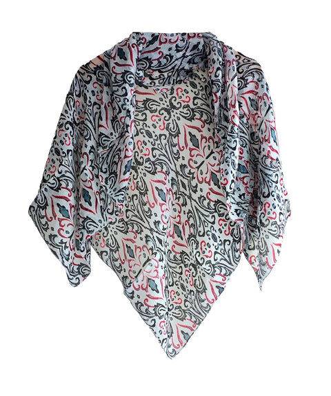 Floral Paisley Print Silk Scarf, Light Weight Square Neck Wrap, Blue and Orange Border Pattern, 100x100 cm