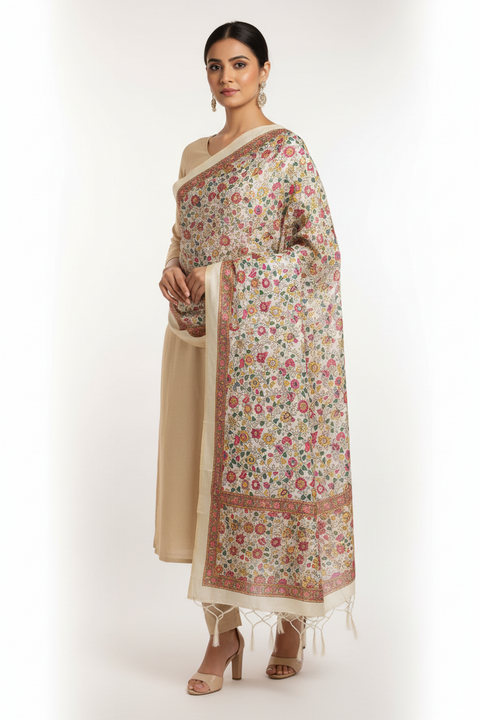 Assam Silk Traditional Dupatta with Multicolor Multi moti Motif | Ethnic Printed Cotton Dupatta with Tassels