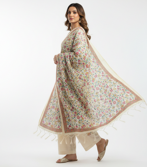 Assam Silk Traditional Dupatta with Multicolor Multi moti Motif | Ethnic Printed Cotton Dupatta with Tassels