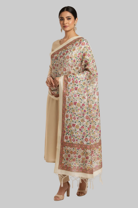 Assam Silk Traditional Dupatta with Multicolor Multi moti Motif | Ethnic Printed Cotton Dupatta with Tassels