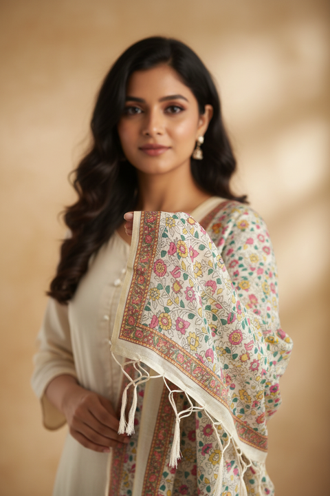 Assam Silk Traditional Dupatta with Multicolor Multi moti Motif | Ethnic Printed Cotton Dupatta with Tassels