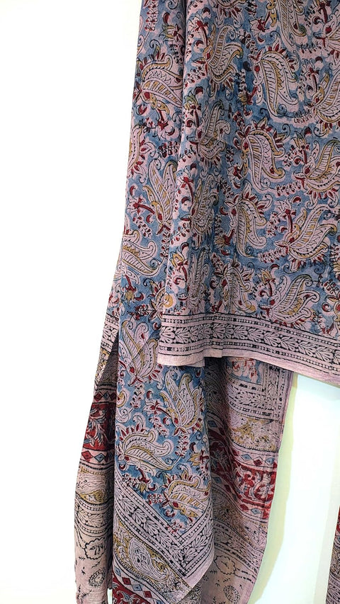 Hand Block Printed Kalamkari Stole - Traditional Indian Floral Scarves (73x194 cm) Light Blue