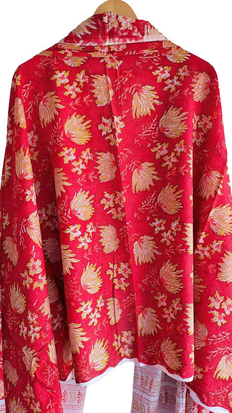 Hand Block Printed Bagru Dupatta in Pure Cotton Malmal(Red And Yellow Color)
