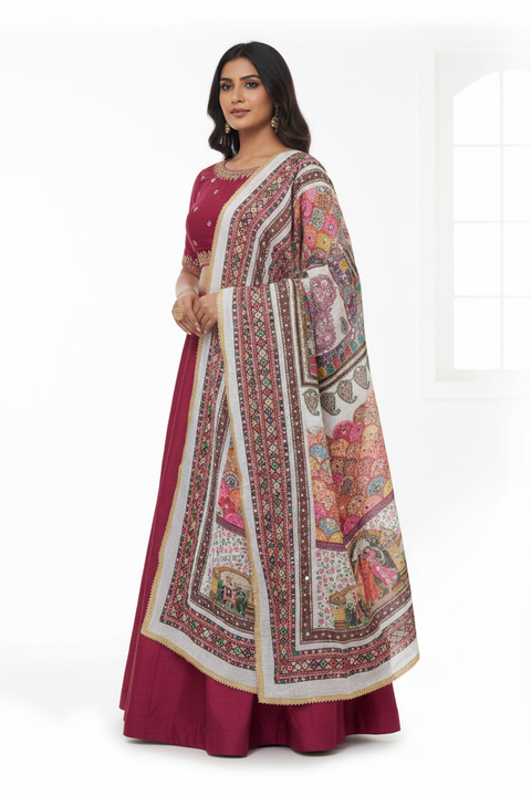 Chinon Pakistani Mirror Work Dupatta, Traditional Embellished Dupatta with Decorative Detailing