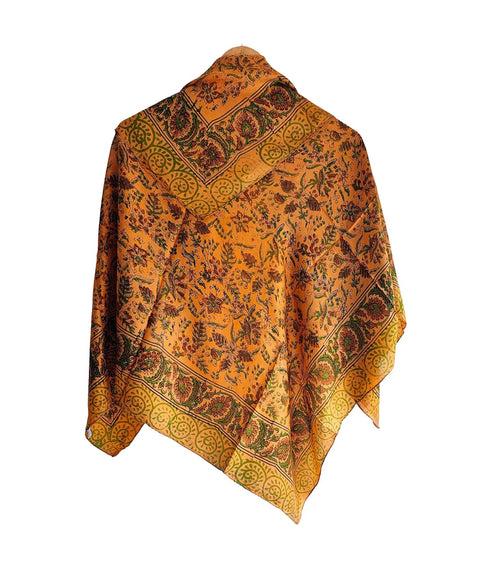 Floral Paisley Print Silk Scarf, Light Weight Square Neck Wrap, Blue and Orange Border Pattern, 100x100 cm