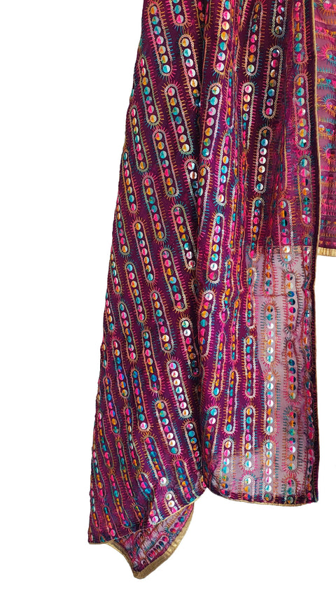 Handcrafted Mirror Work Embroidered Dupatta, Red, Cotton, Traditional Tribal Design, Ethnic Style
