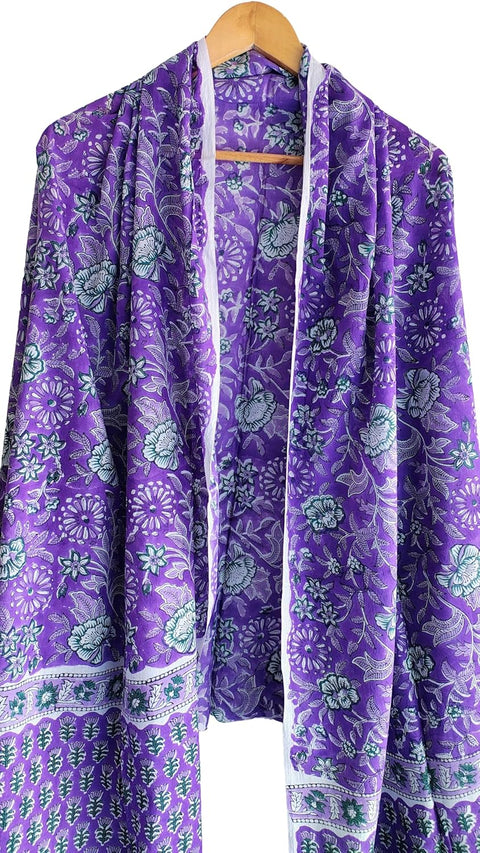 Hand Block Printed Bagru Dupatta in Pure Cotton Malmal(Purple And Green Color)