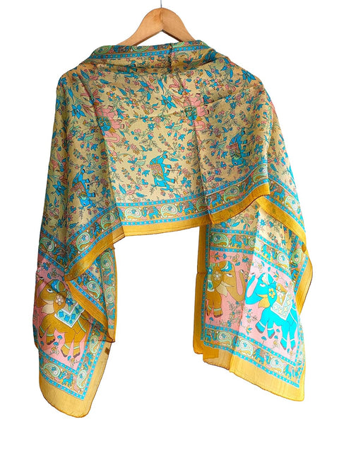 Silk Stole, Prints Multi Color, 51 cm Width x 65 cm Length, Lightweight(Yellow And Blue)