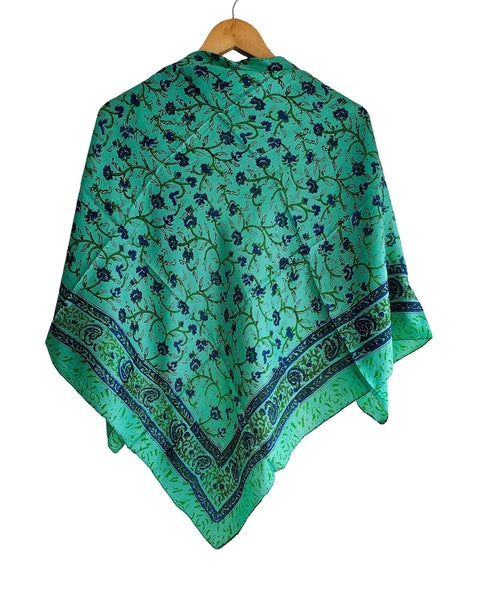 Floral Paisley Print Silk Scarf, Light Weight Square Neck Wrap, Blue and Orange Border Pattern, 100x100 cm