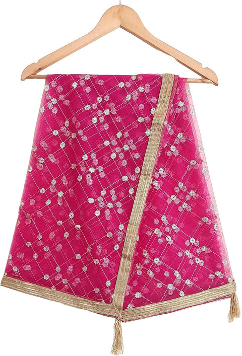 Traditional Embroidered Net Dupatta with Golden Border, Red Sequined Scarf, Diamond Pattern Dupatta, Chunni