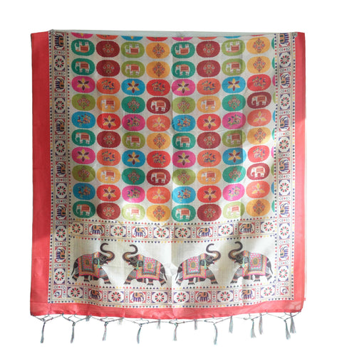 Assam Silk Traditional Dupatta with Multicolor Multi moti Motif | Ethnic Printed Cotton Dupatta with Tassels