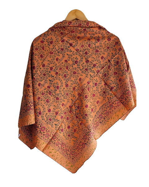 Floral Paisley Print Silk Scarf, Light Weight Square Neck Wrap, Blue and Orange Border Pattern, 100x100 cm