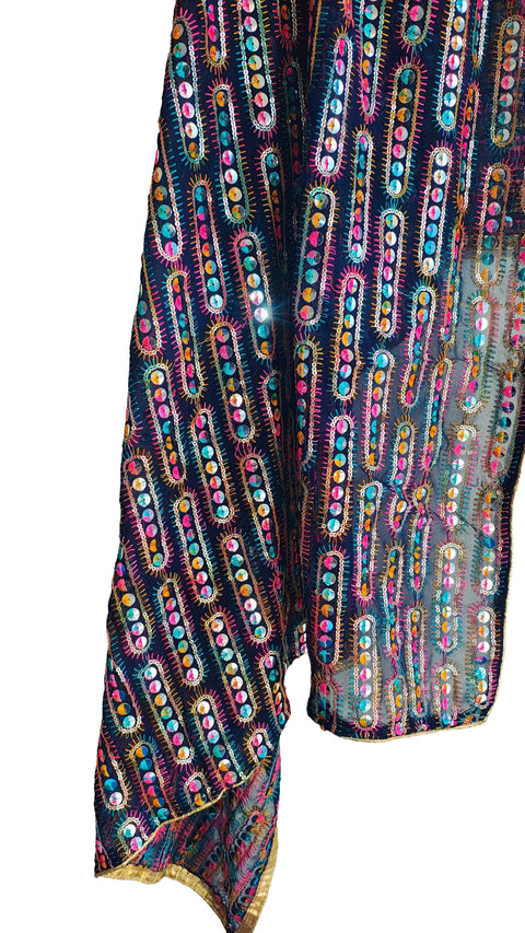Handcrafted Mirror Work Embroidered Dupatta, Red, Cotton, Traditional Tribal Design, Ethnic Style