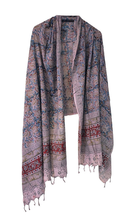 Hand Block Printed Kalamkari Stole - Traditional Indian Floral Scarves (73x194 cm) Light Blue