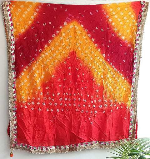Women's Embellished Yellow And Red colour Dupatta: A Touch of Silk & Shimmer Bandhani Work Size 190X98X3