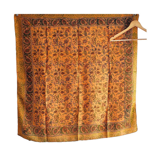 Floral Paisley Print Silk Scarf, Light Weight Square Neck Wrap, Blue and Orange Border Pattern, 100x100 cm