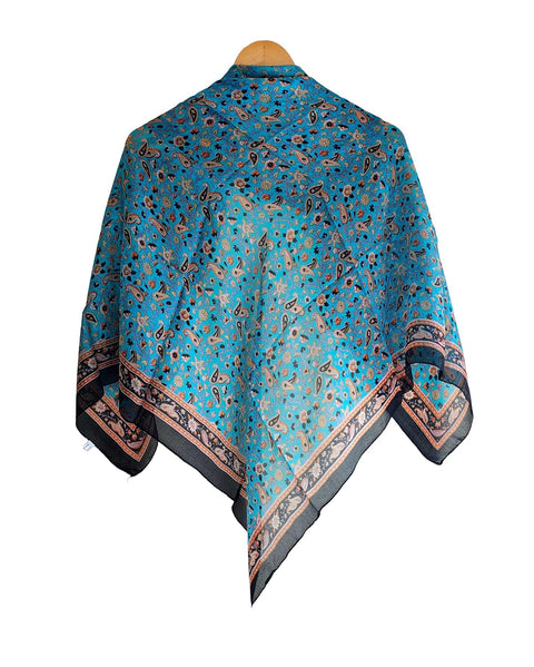 Floral Paisley Print Silk Scarf, Light Weight Square Neck Wrap, Blue and Orange Border Pattern, 100x100 cm